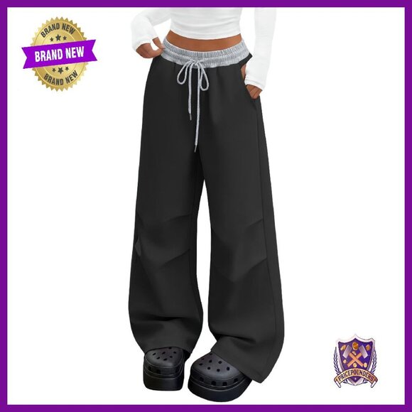 Pants - Wide Leg Track Pants with Color Block Waistband, Low Rise Sweatpants, Y2K